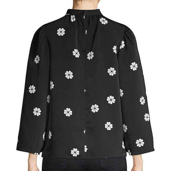 Kate Spade Black Floral Mock Neck Blouse Womens XL Puff Bell Sleeve Crepe Top - Picture 9 of 10